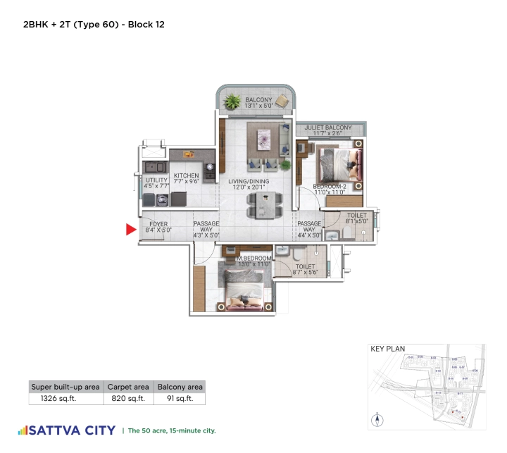 2 BHK 1,326 sq ft floor plan at Sattva City