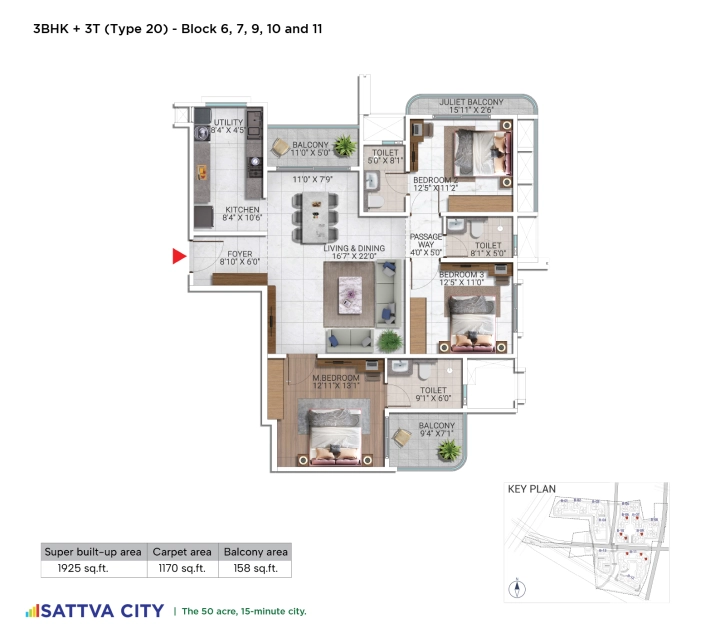 3 BHK 1,925 sq ft floor plan at Sattva City