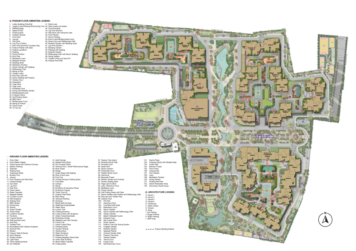 Sattva City master plan layout showing towers, greens and amenity zones